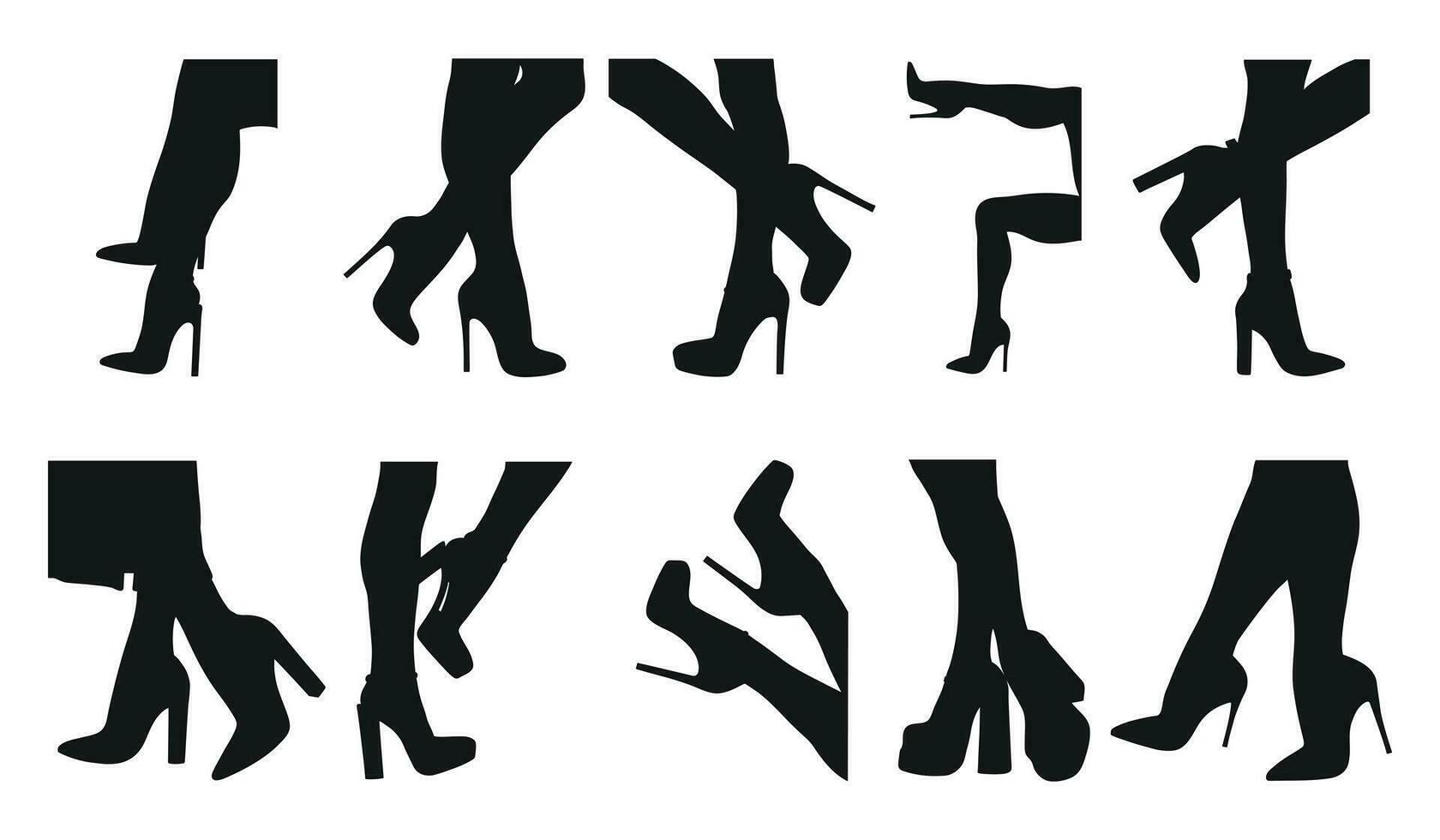 Set black silhouette of female legs in a pose. Shoes stilettos, high heels. Walking, standing, running, jumping, dance vector