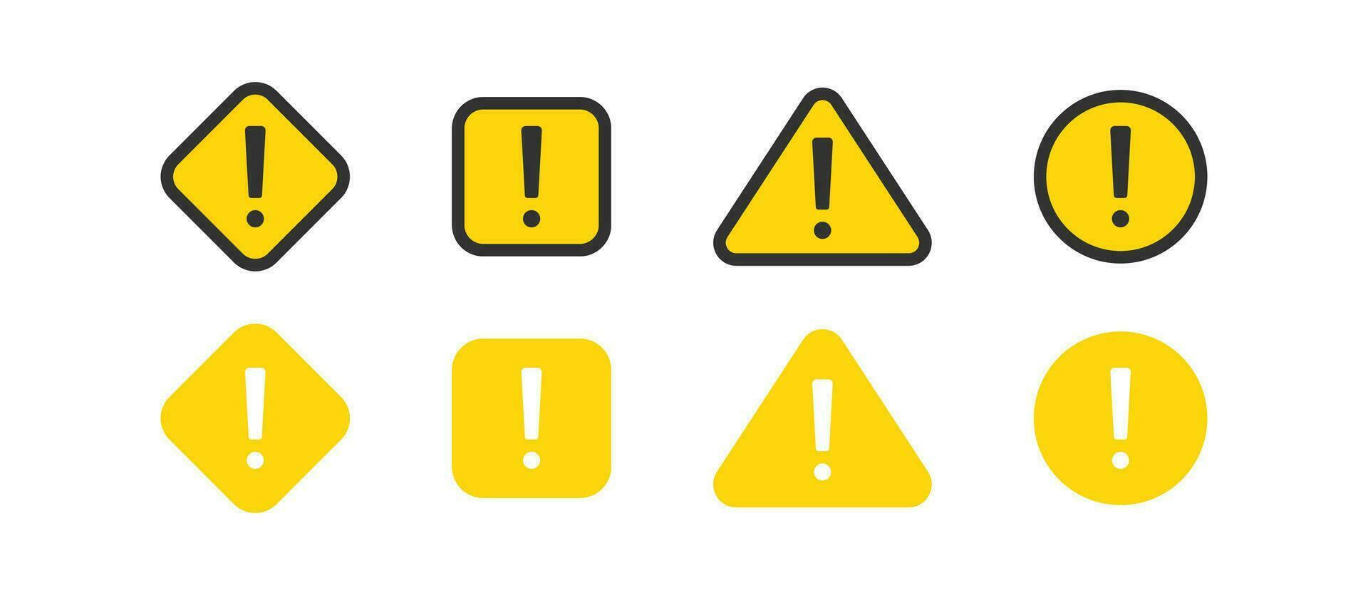 exclamación marca icono. importante atención señales. precaución símbolo. error simbolos alerta peligro iconos negro, amarillo color. vector aislado signo.