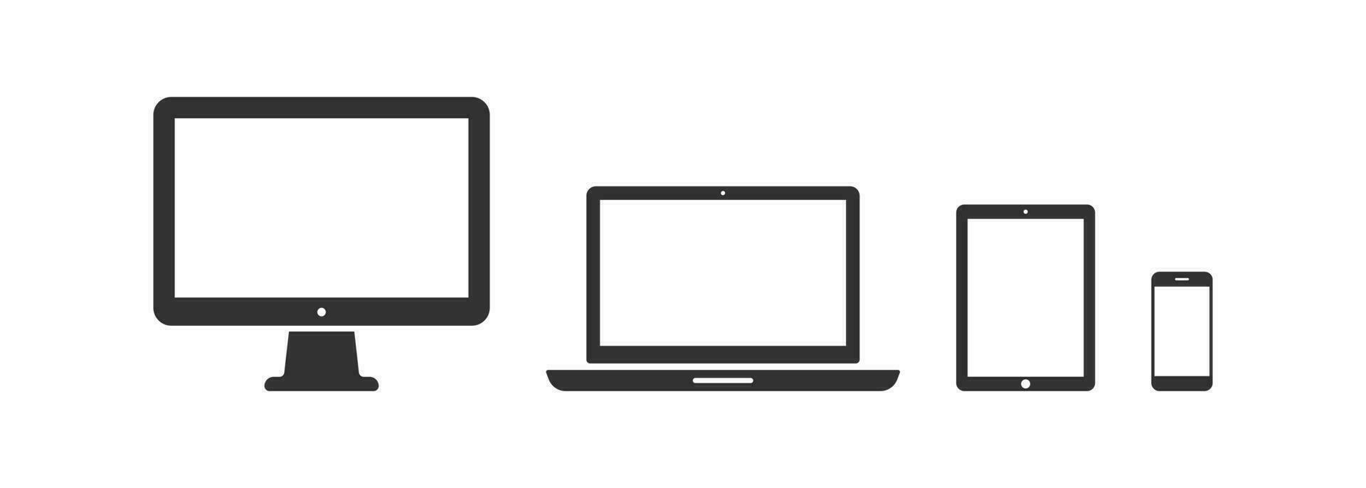 PC icon. Laptop signs. Tablet symbol. Phone symbols. Digital device icons. Black color. Vector isolated sign.