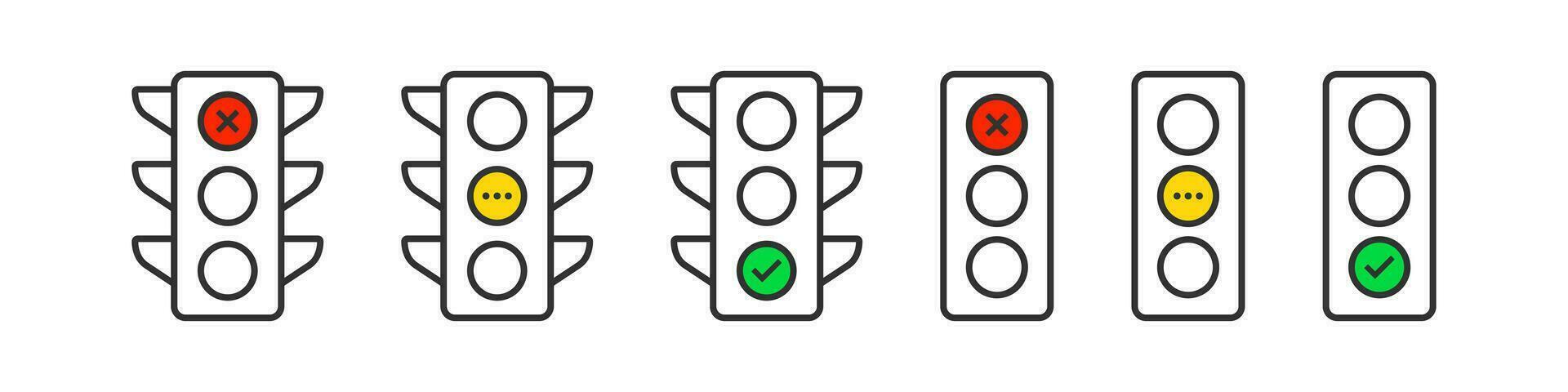 Traffic lights icon. Stoplight signs. Stop in the road symbol. Street semaphore symbols. Regulation icons. Black, yellow, red, green color. Vector sign.