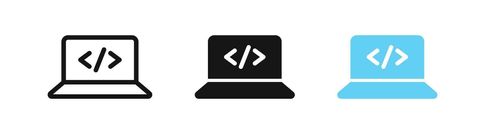 Code on laptop icon. Software develop symbol. Computer application signs. Api technology symbols. Website programmer icons. Black, blue color. Vector sign.