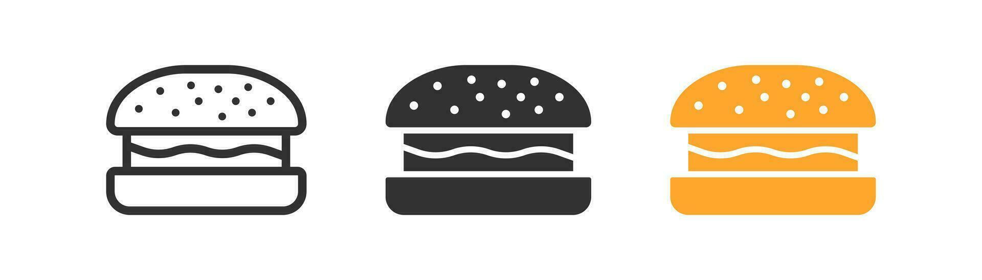 Burger icon. Hamburger signs. Bun with cheese and meat symbol. Food symbols. Cheeseburger icons. Black, flat color. Vector isolated sign.