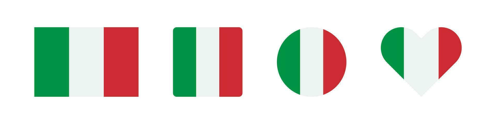 Italy flag icon. Italian banner signs. National symbol. Italia heart shape symbols. Circle badge of Europe country icons. Flat color. Vector isolated sign.