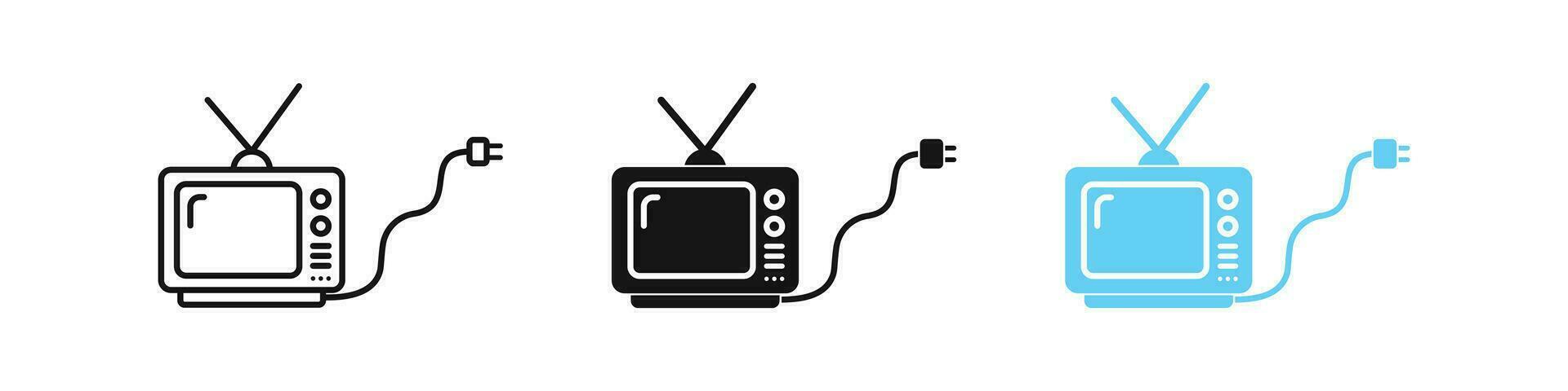 Old television icon. Retro tv symbol. Antenna for watching channel signs. News, broadcast, show symbols. Classic screen icons. Black, blue color. Vector sign.