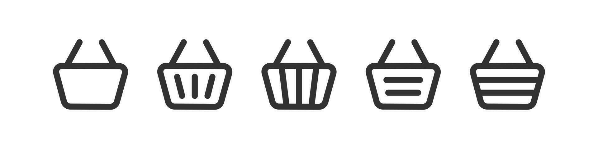 Shop basket icon. Supermarket cart for food signs. Market bag symbol. Online button to buy symbols. Purchase icons. Black color. Vector isolated sign.