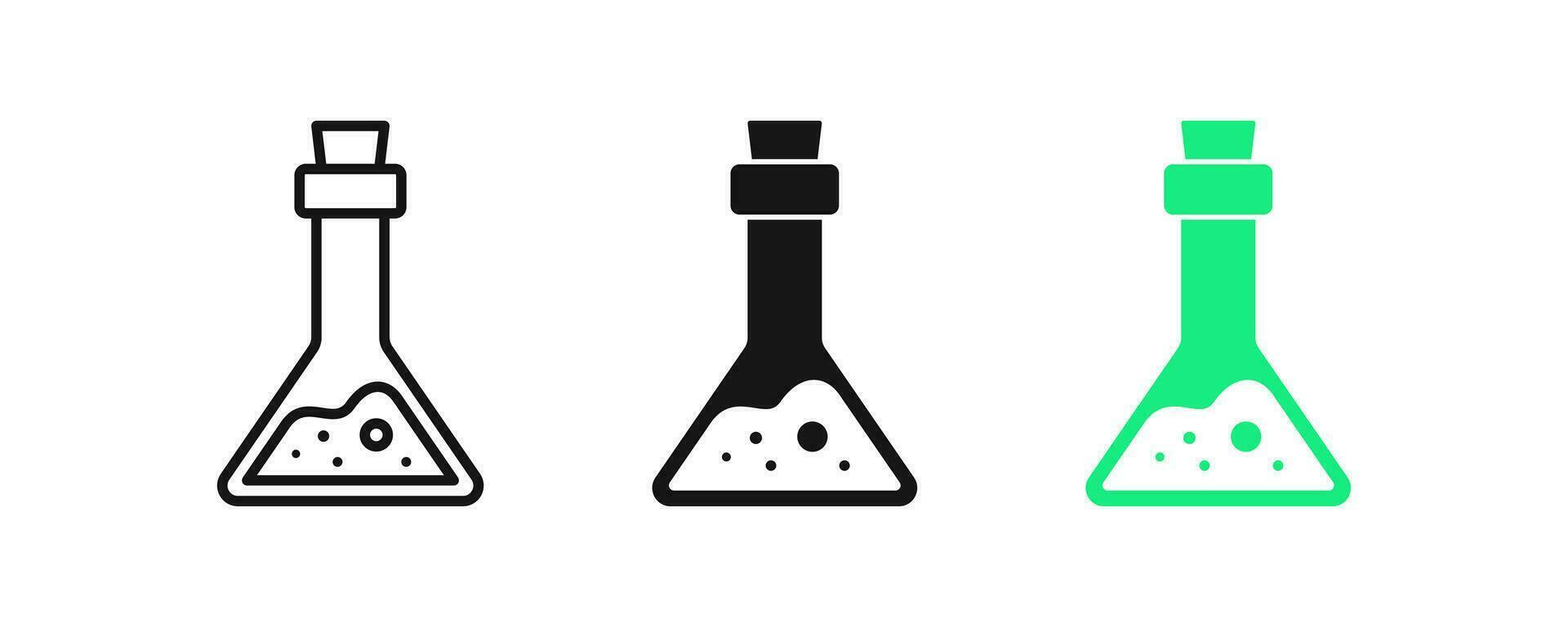 Lab flask icon. Chemical beaker symbol. Laboratory experiment signs. Chemistry science symbols. Medical equipment icons. Black, green color. Vector sign.