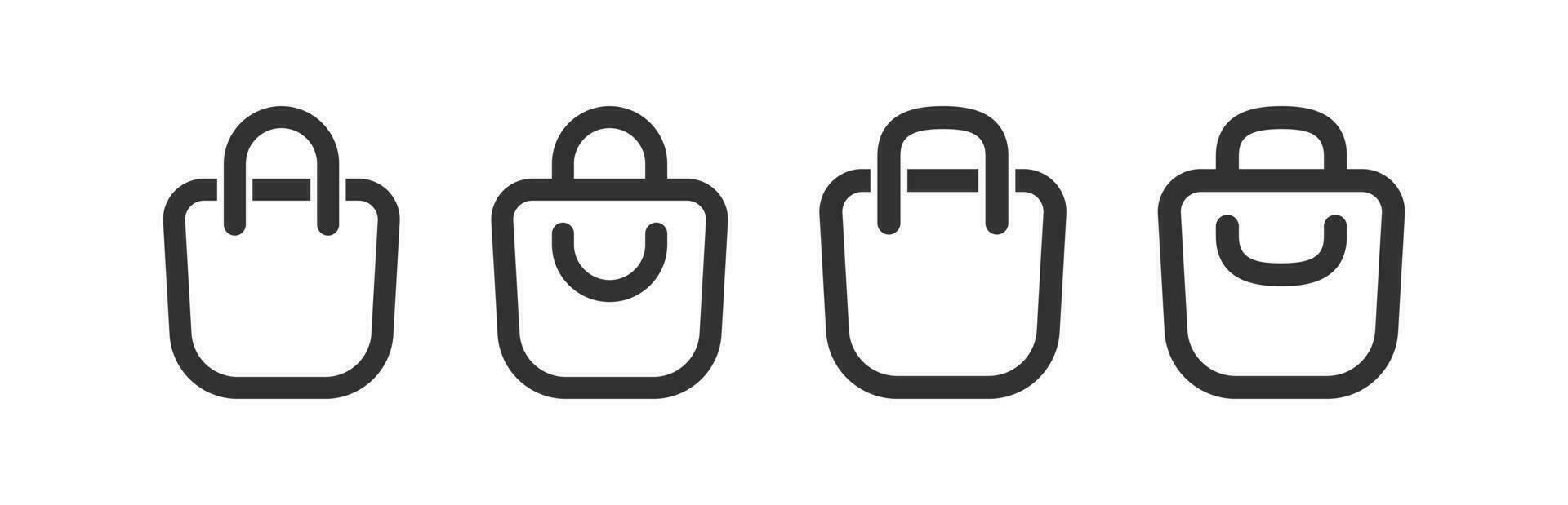 Shopping bag icon. Shopper symbol. Market merchandise signs. Paper gift symbols. Eco package icons. Black color. Vector isolated sign.