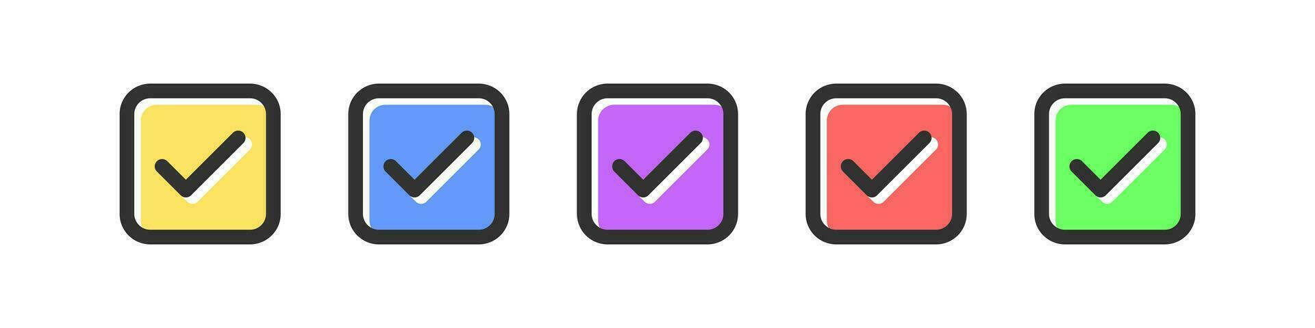 Check mark icon. Tick symbol. Checklist signs in the box. Correct symbols. Ok, right icons. Yellow, blue, purple, red, green color. Vector sign.