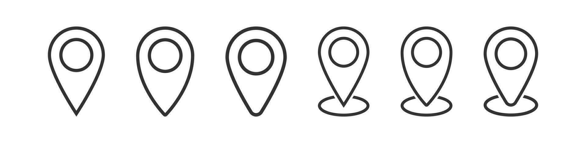 Map pin icon. Geo location signs. Road tag symbol. Place point symbols. Position pointer icons. Destination direction. Vector sign.