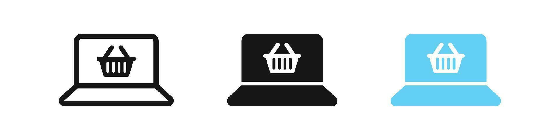 Online shop icon. Computer shopping symbol. Internet buy signs. Laptop symbols. Ecommerce icons. Black, blue color. Vector sign.