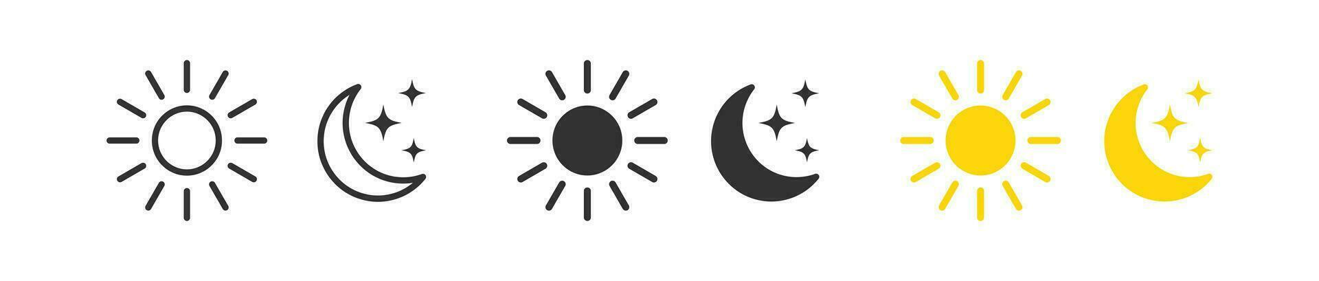 Moon icon. Sun symbol. Night, day signs. Light, dark symbols. Morning, evening icons. Black, yellow color. Vector sign.