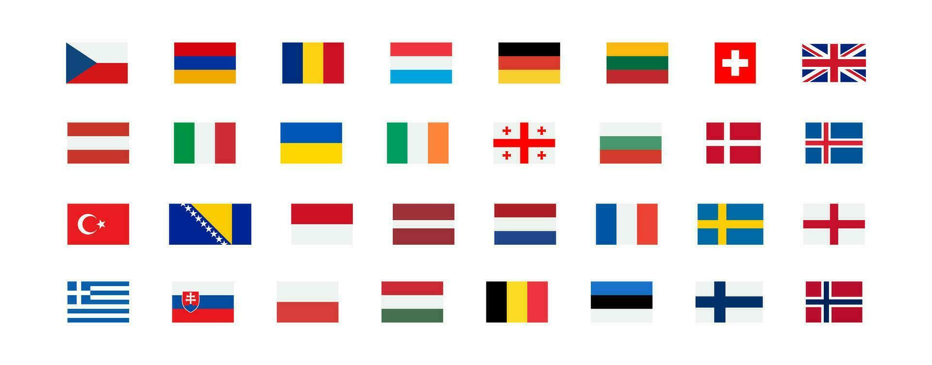 European flags icon. Europe countries set signs. Nation symbol. Banner of France, Germany, Austria, and other symbols. Square form icons. Vector isolated sign.