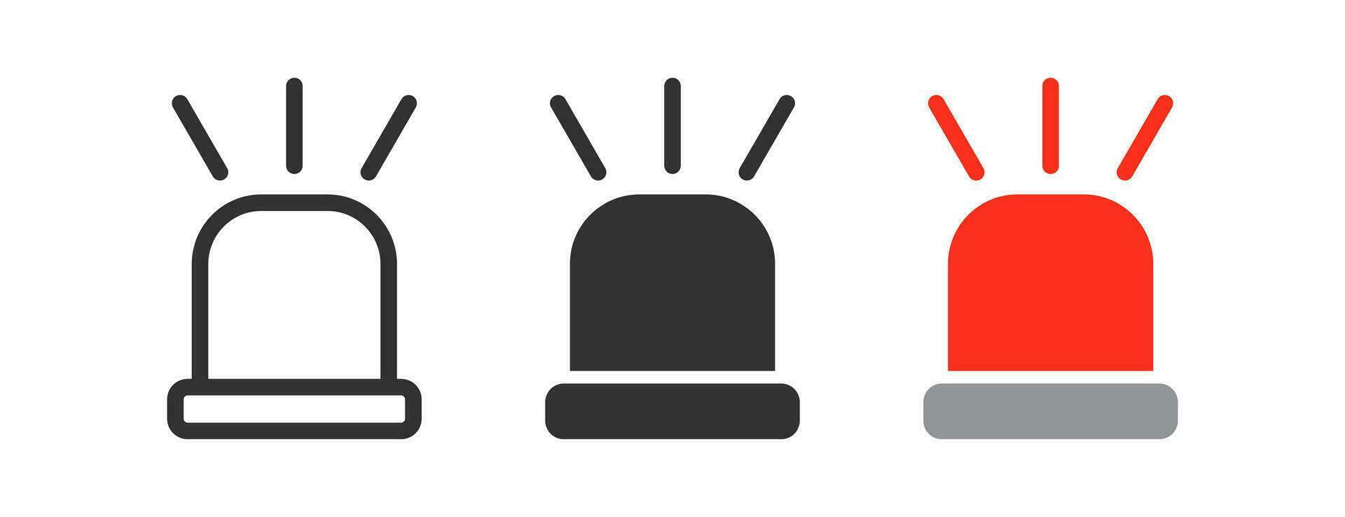 Siren icon. Emergency flasher signal. Light alarm police symbol. Ambulance red signal symbols. Lamp alert danger icons. Black, red color. Vector sign.