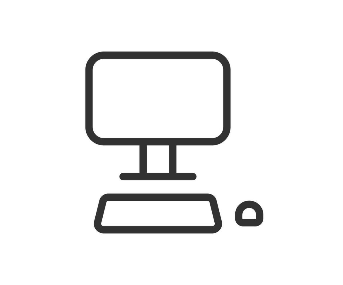 PC icon. Desktop computer signs. Office symbol. Mouse, keyboard, monitor symbols. Digital device icons. Black color. Vector isolated sign.