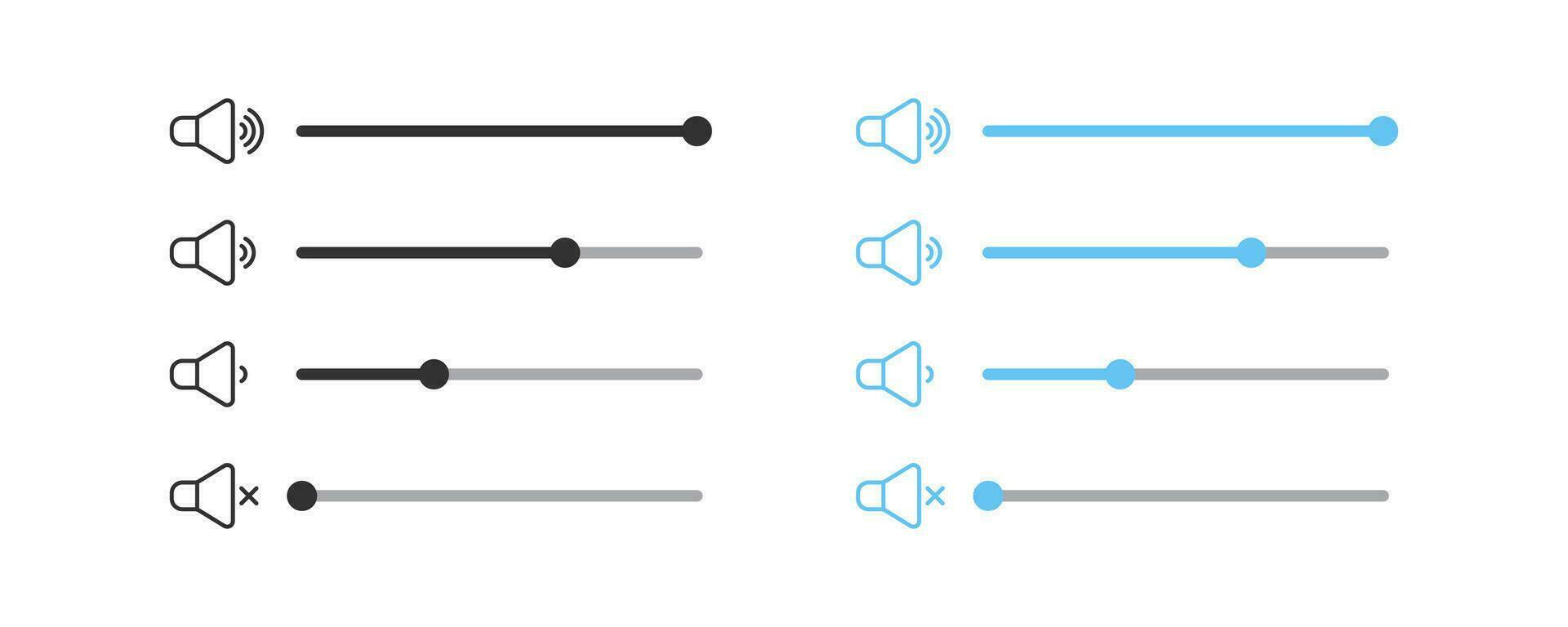 Sound control icon. Audio volume signs. Voice loudness symbol. Music level symbols. Mute speaker icons. Black, blue color. Vector sign.
