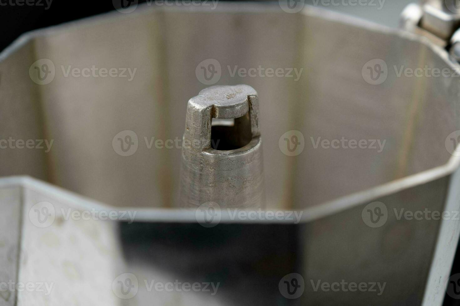 Traditional metal, silver aluminum mokapot for brewing coffee. Close up inside moka pot, Coffee maker photo