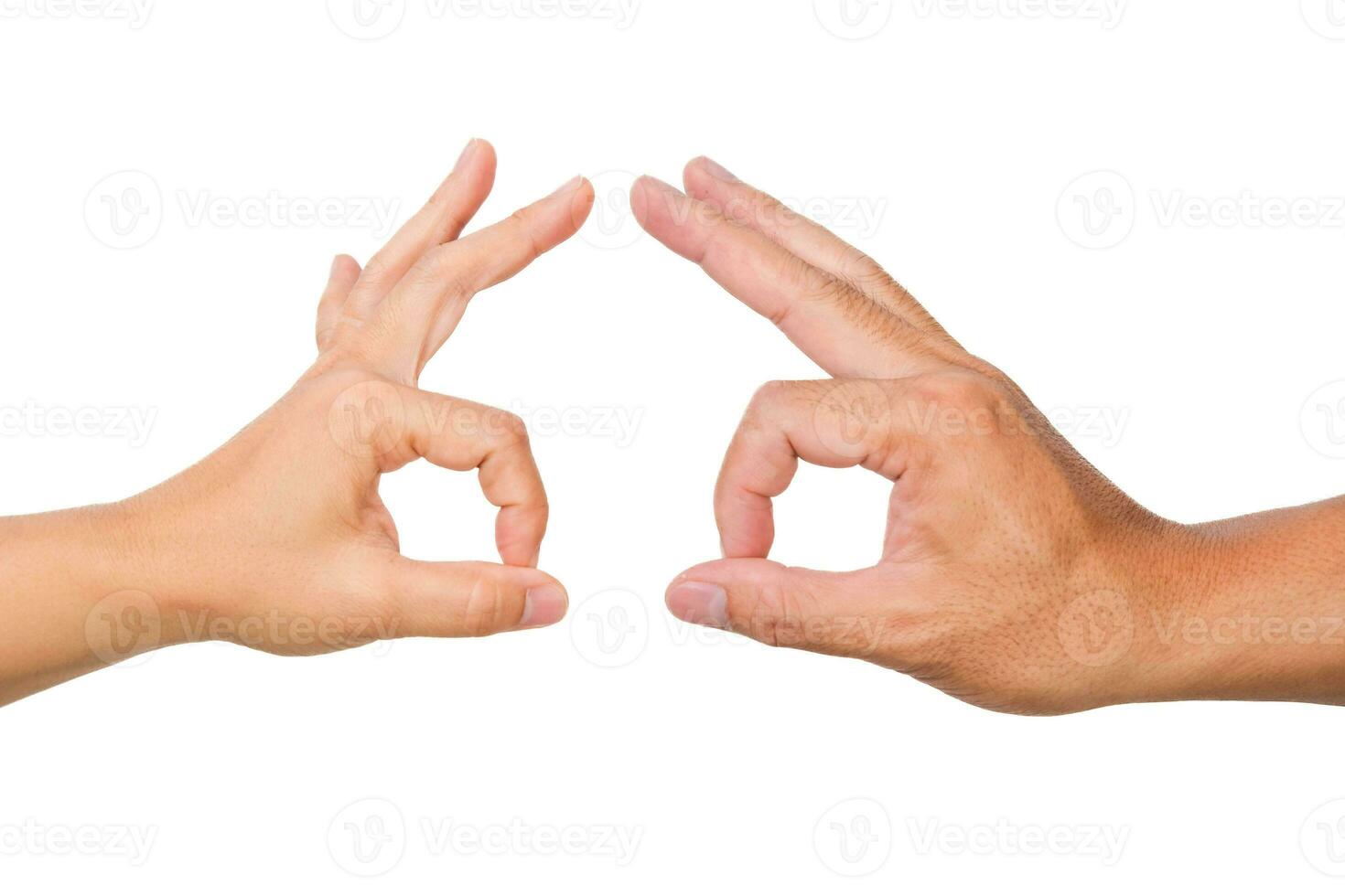 Male and female hands showing okay gesture isolated on white background. photo