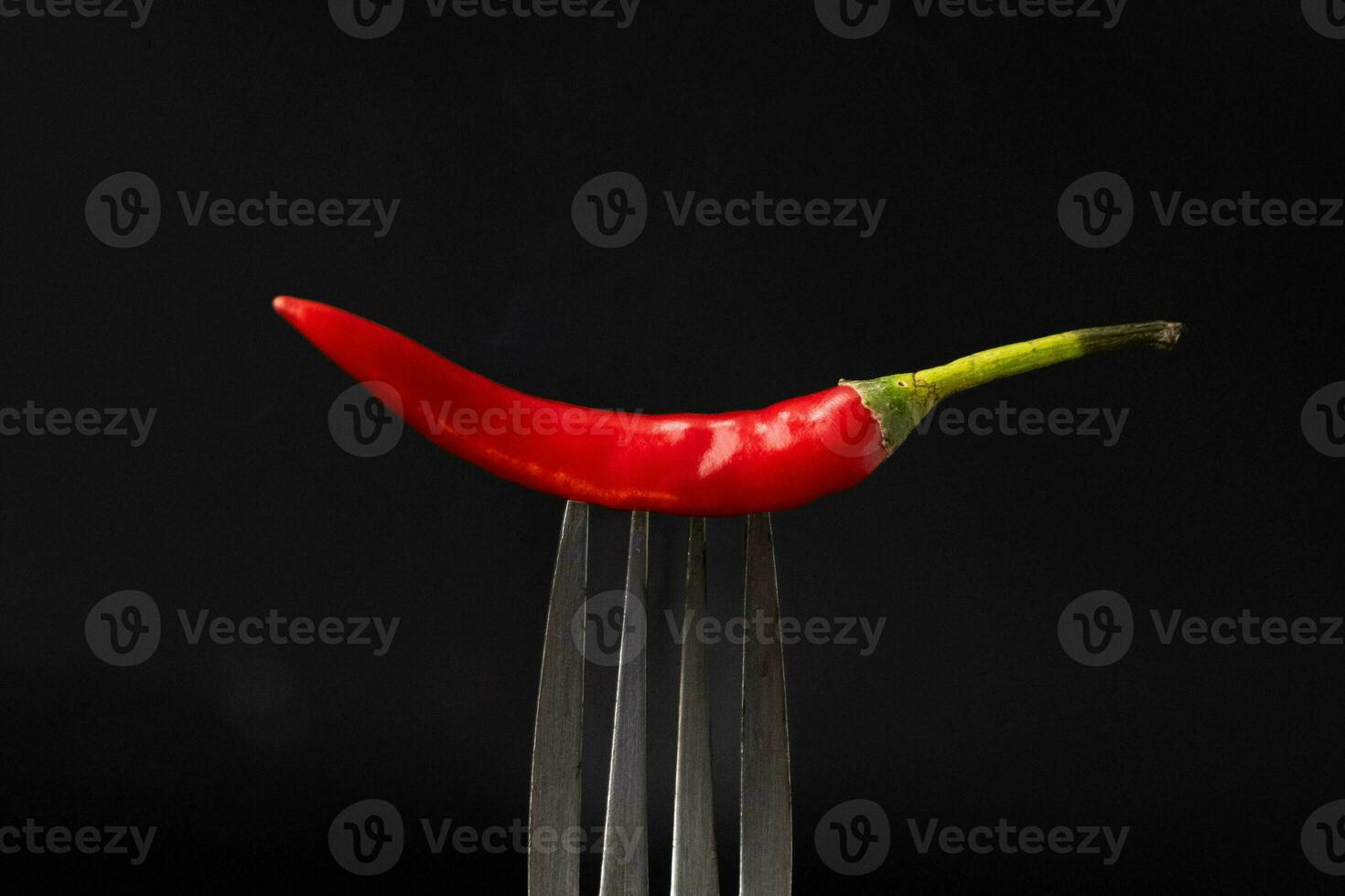 Red chili pepper on a fork on black background. Spicy food concept. photo