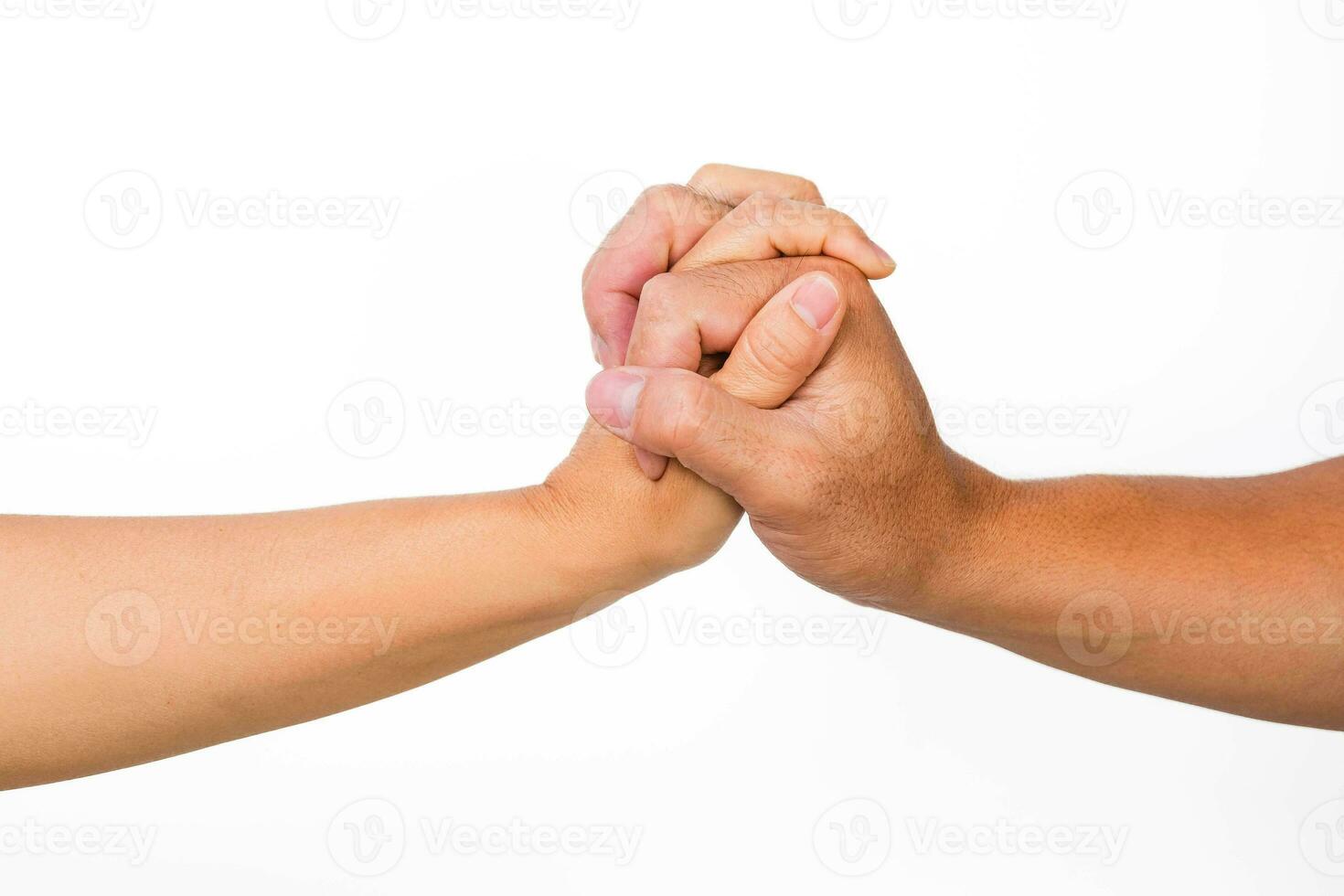 Male and female hands shaking hands. Couple holding hands on white background. That can mean helping, caring, protecting, loving, caring and world peace concept. photo