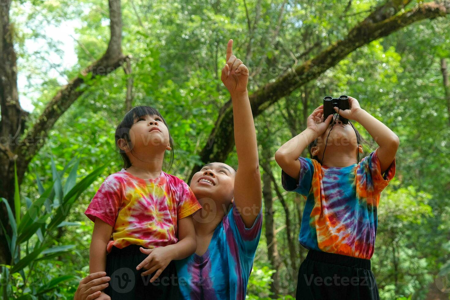 madre y hija haciendo ocupaciones mientras acecho prismáticos en vacaciones juntos. madre y dos hijas excursionismo utilizando prismáticos para estudiar. aprender naturaleza en vacaciones a naturaleza caminos. foto