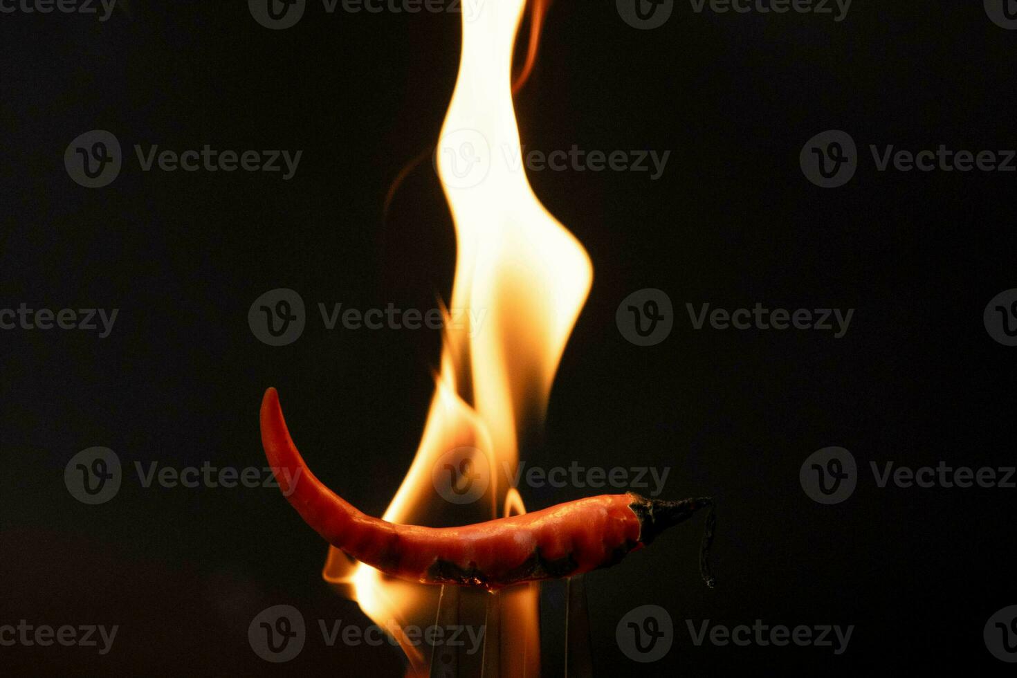 Chili pepper on fork with flames on black background. Burning red chili pepper. Slow motion photo