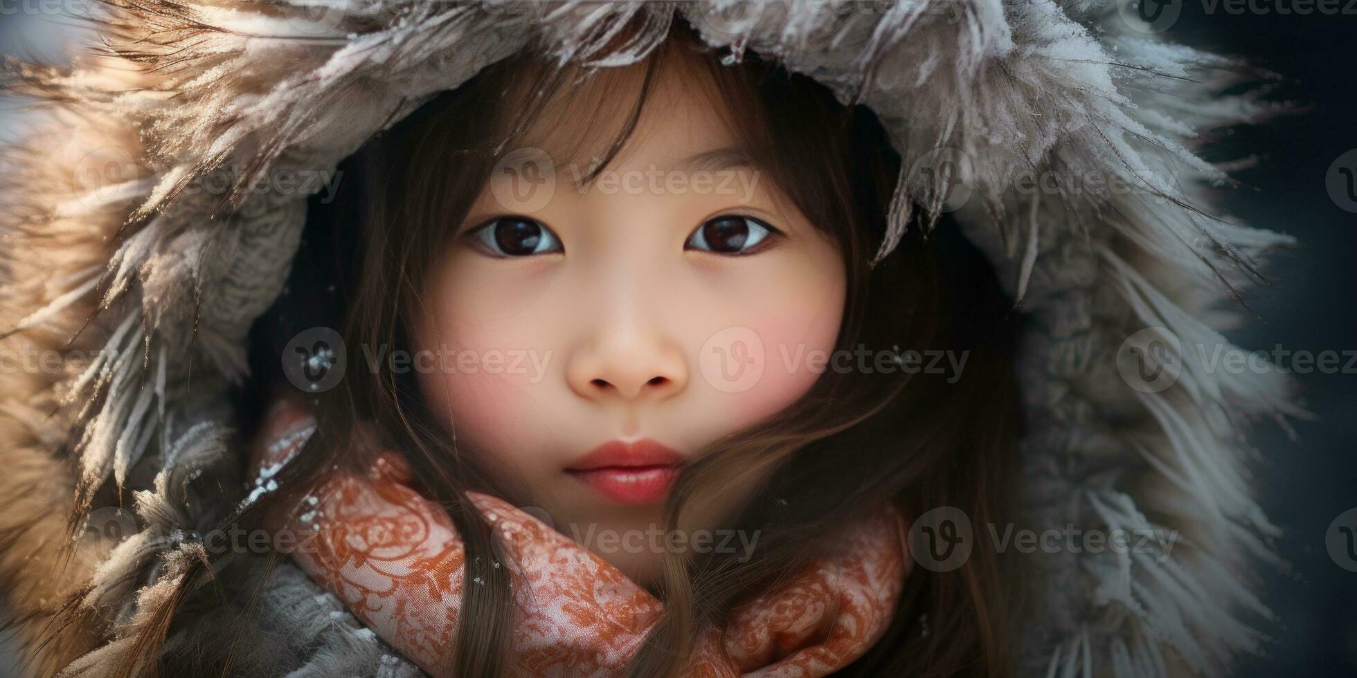 AI generated Young girl in fur coat with intense gaze. AI generative. photo