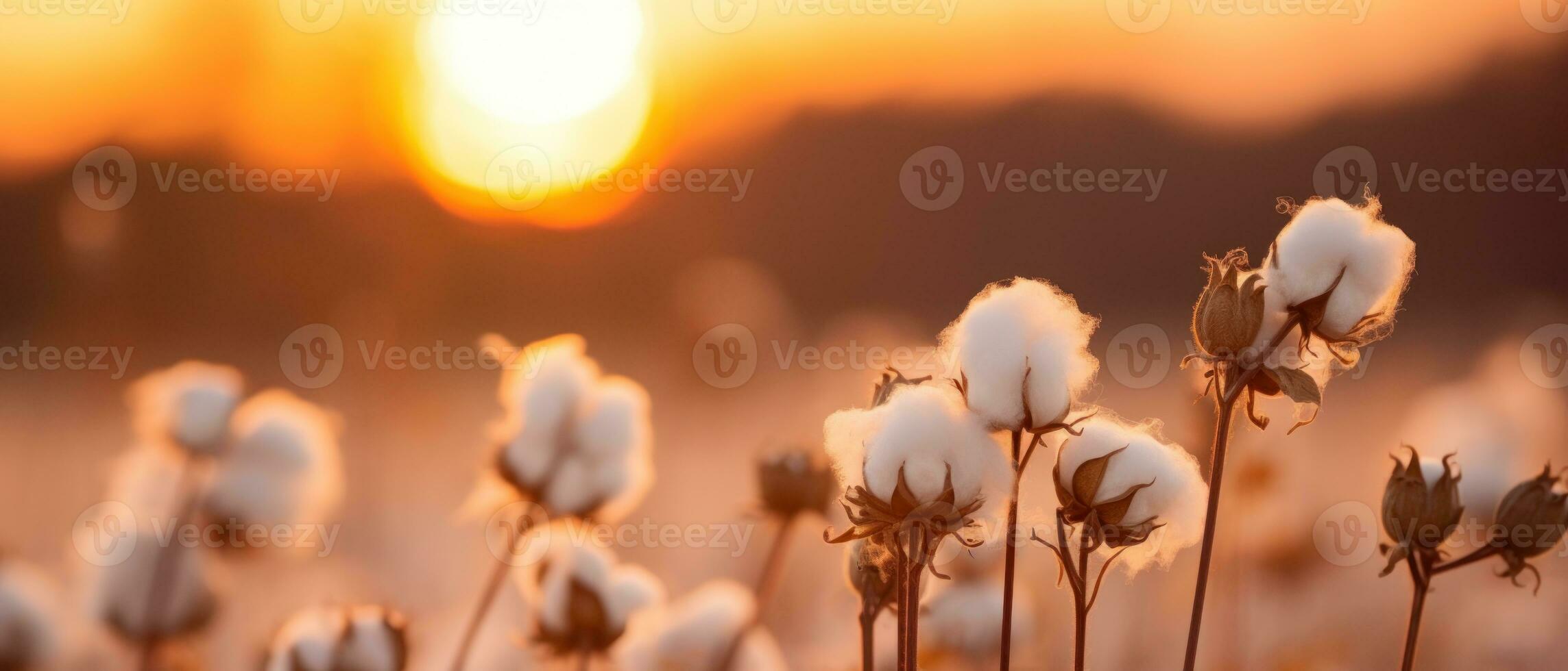 AI generated Golden sunset over cotton field. AI generative. photo