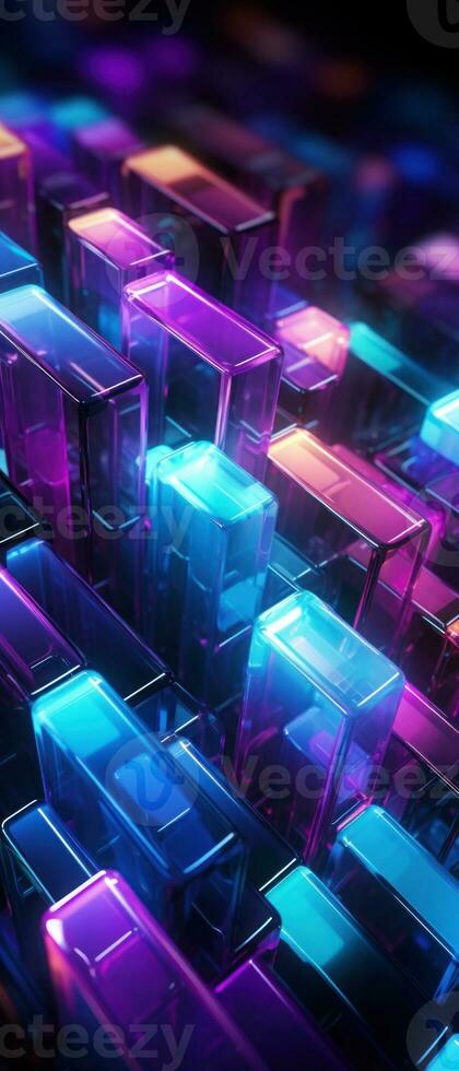 AI generated The bright neon patterns and 3D perspective convey the concept of a virtual world within a concrete jungle. photo
