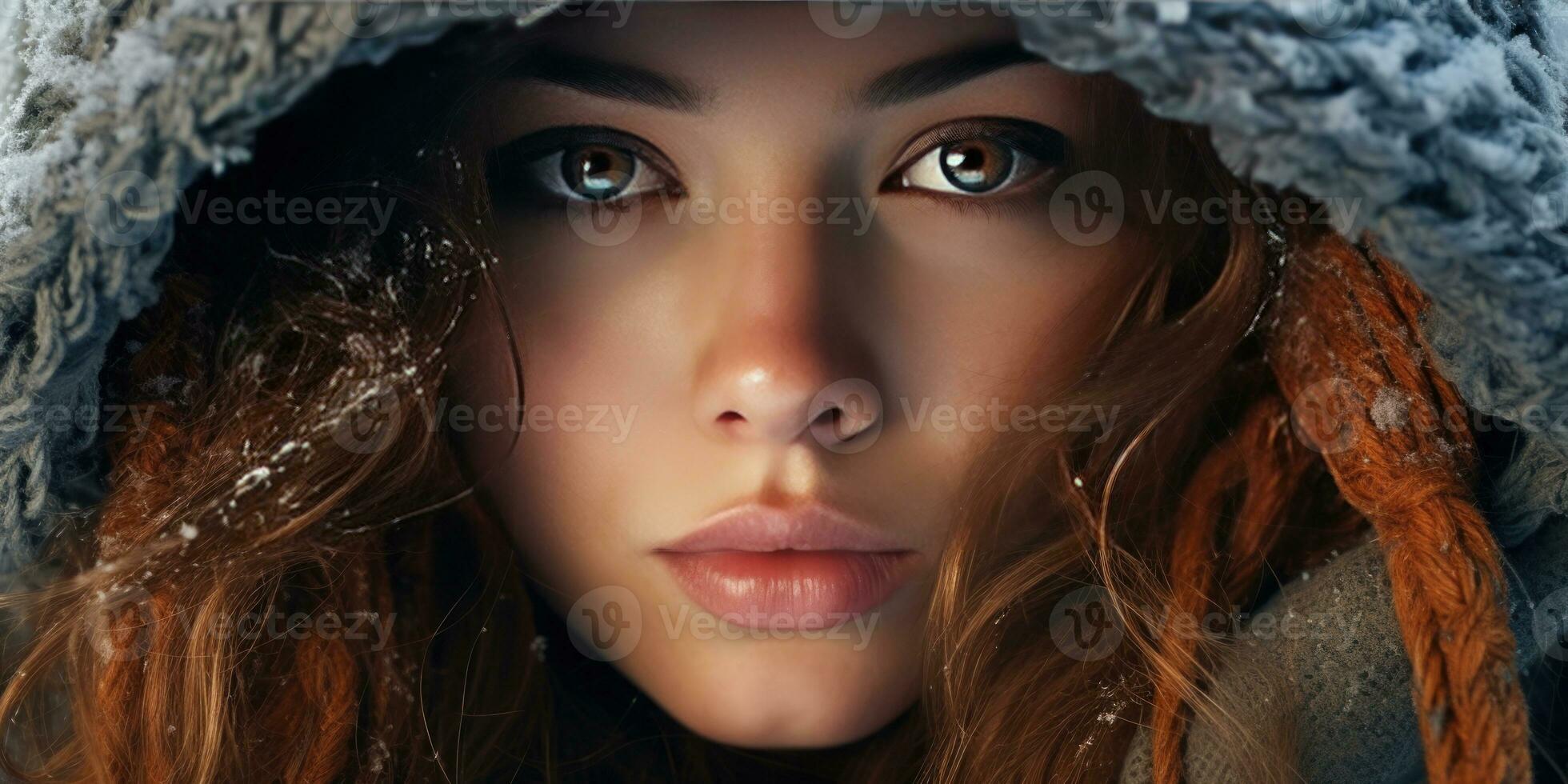 AI generated Close-up of woman in hooded coat, intense gaze, and detailed facial features. AI generative. photo