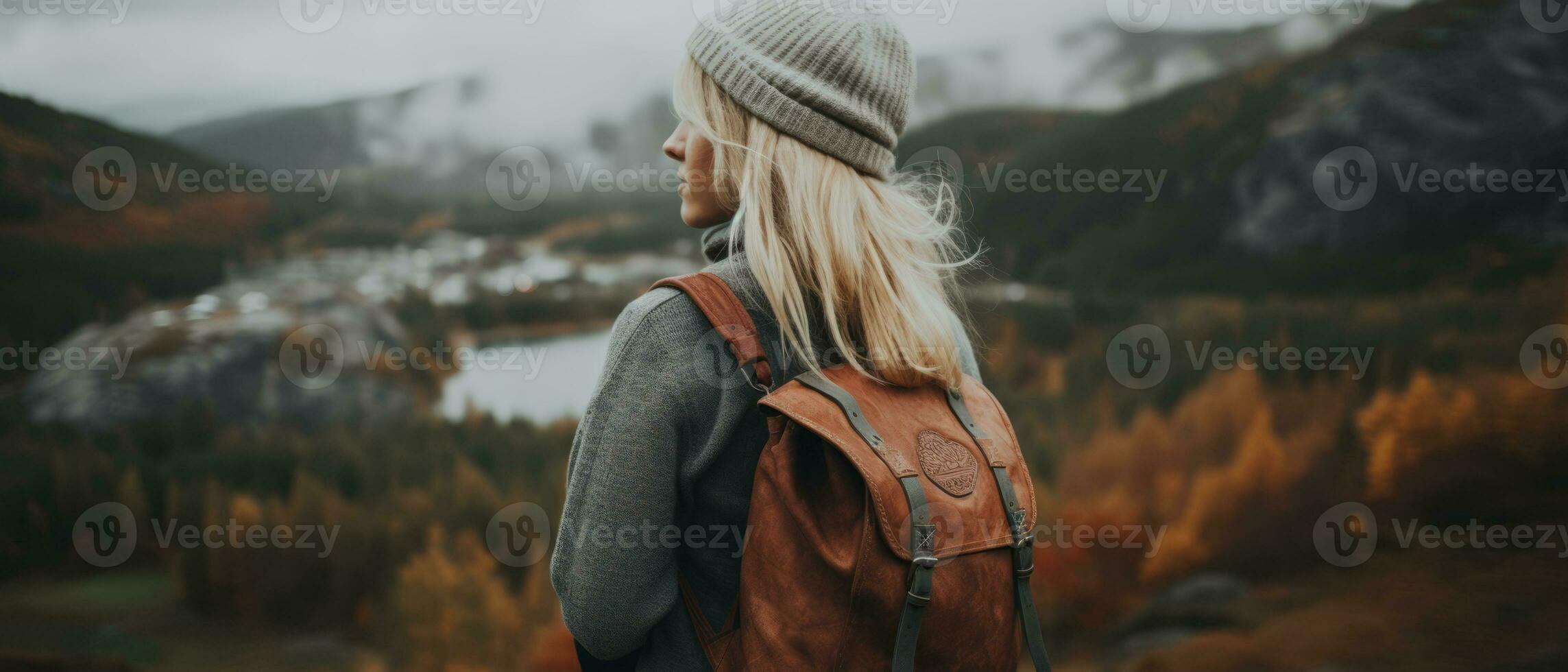 AI generated Contemplative Woman Overlooking Autumn Lake photo