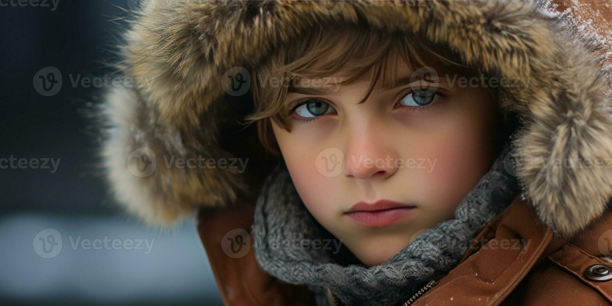 AI generated Warm, inviting image of a boy in a hooded coat. AI generative. photo