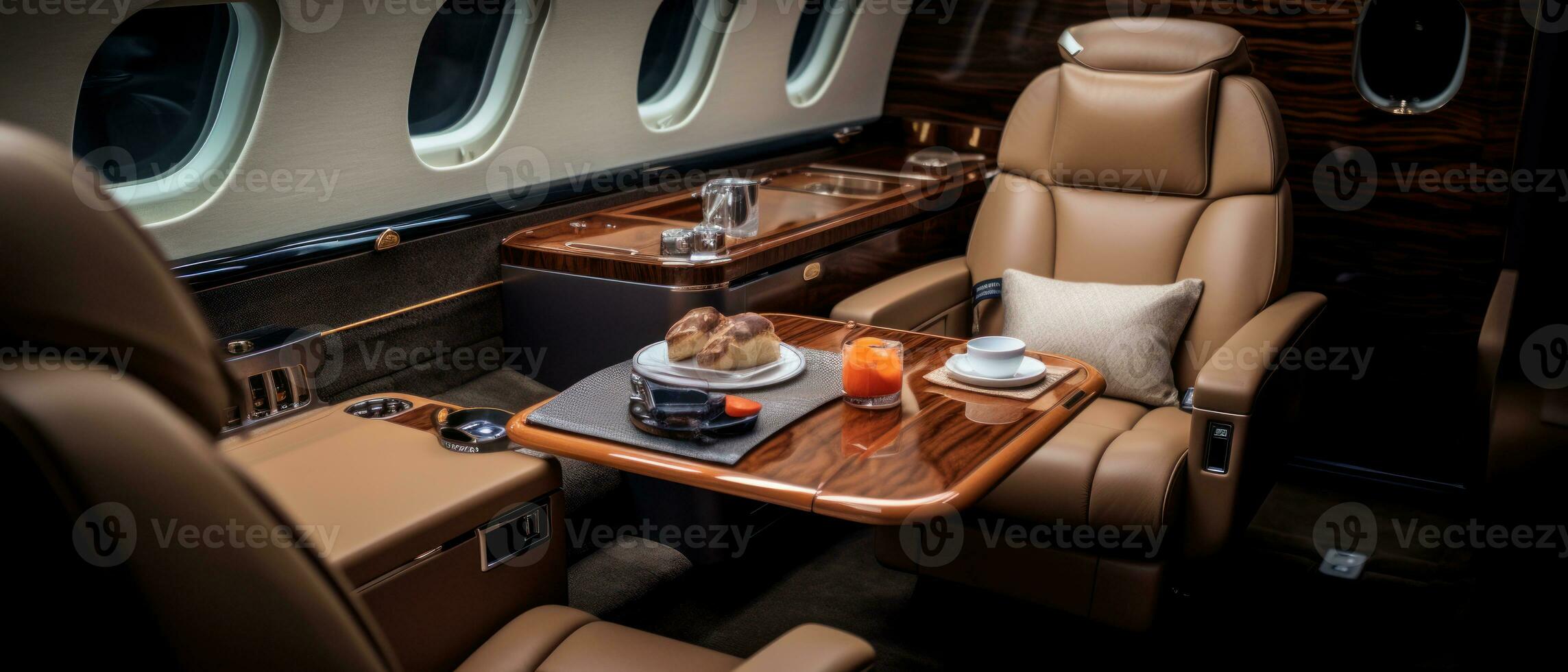 AI generated Opulent private jet interior, sleek table, elegant chairs. AI generative. photo