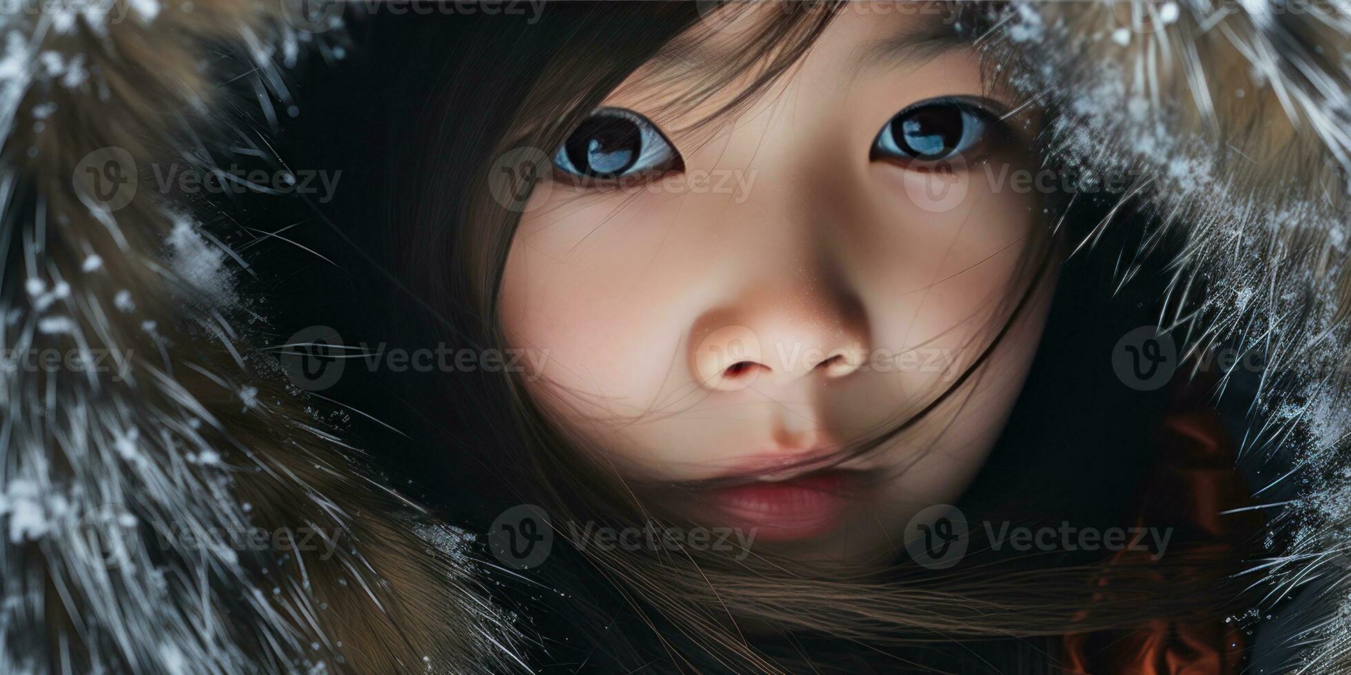 AI generated Young girl in fur coat with intense gaze. AI generative. photo