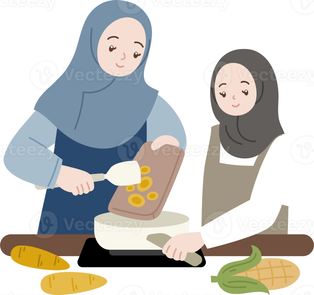 muslim people cooking together for fasting suhoor iftar cartoon illustration png