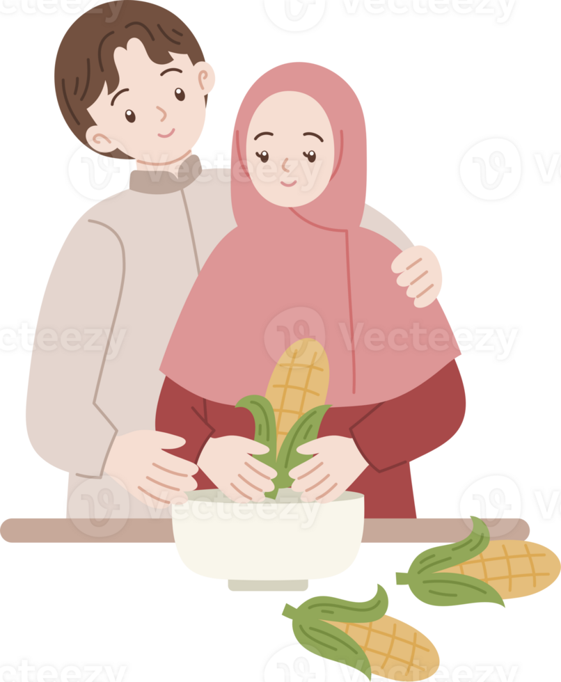 muslim people cooking together for fasting suhoor iftar cartoon illustration png