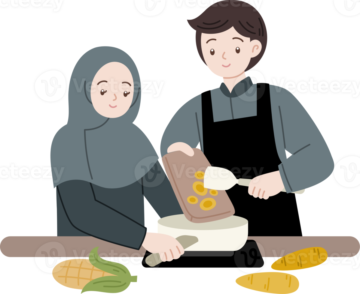 muslim people cooking together for fasting suhoor iftar cartoon illustration png