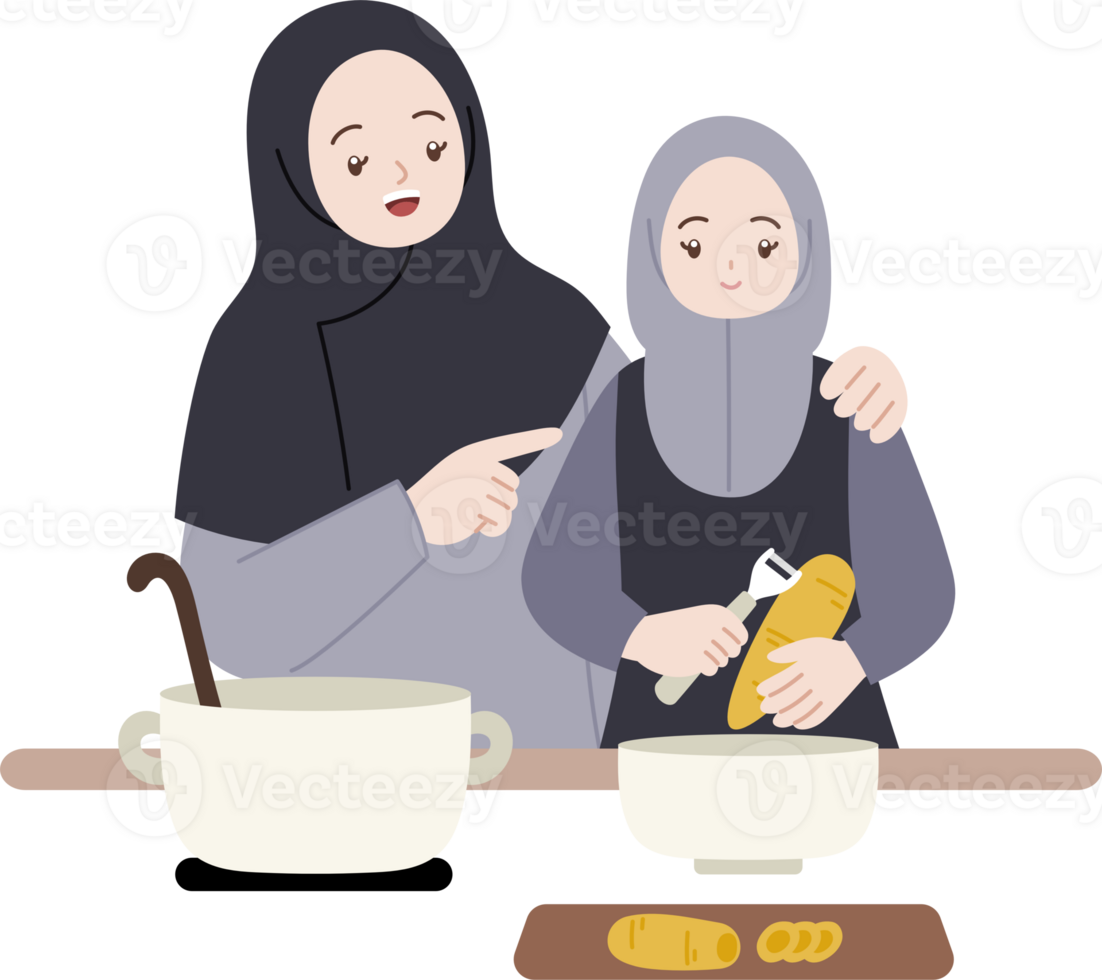 muslim people cooking together for fasting suhoor iftar cartoon illustration png