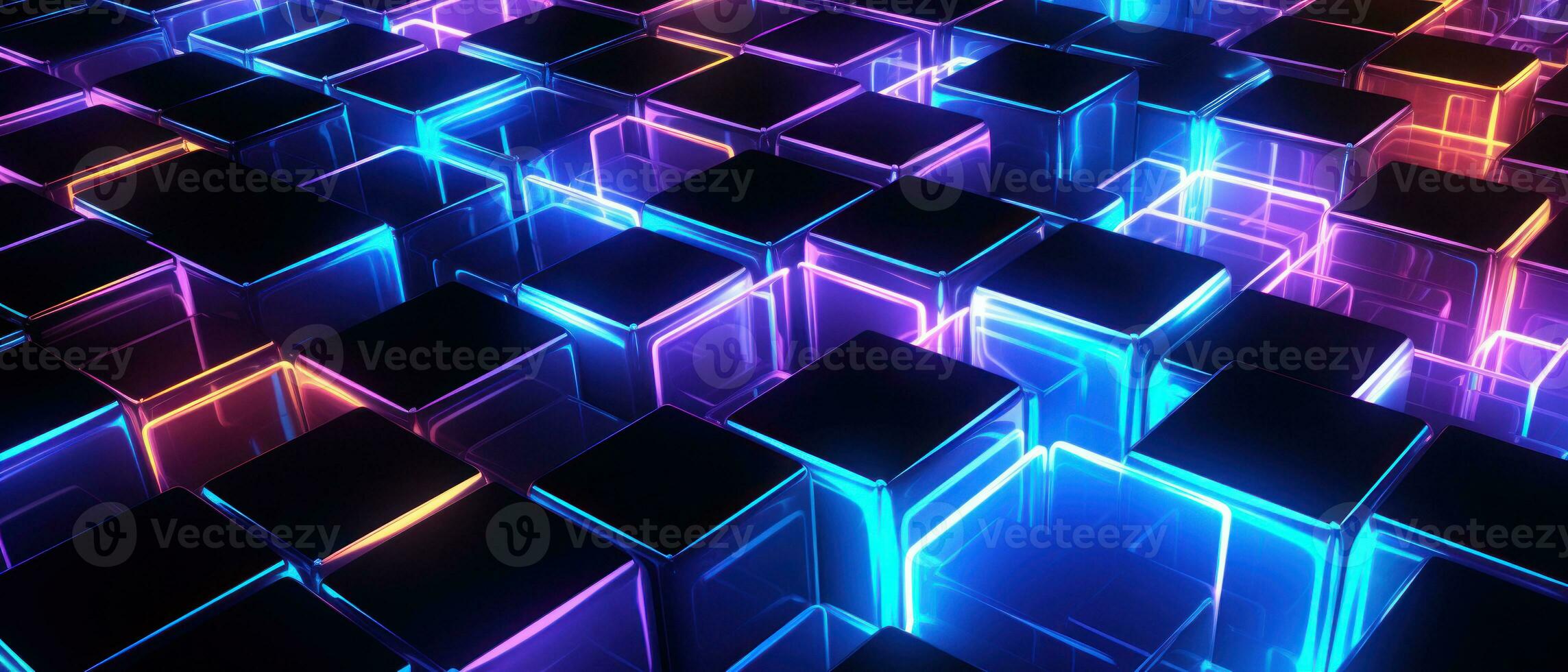 AI generated Bright neon elements and 3D cubes create a modern, tech-savvy atmosphere. photo