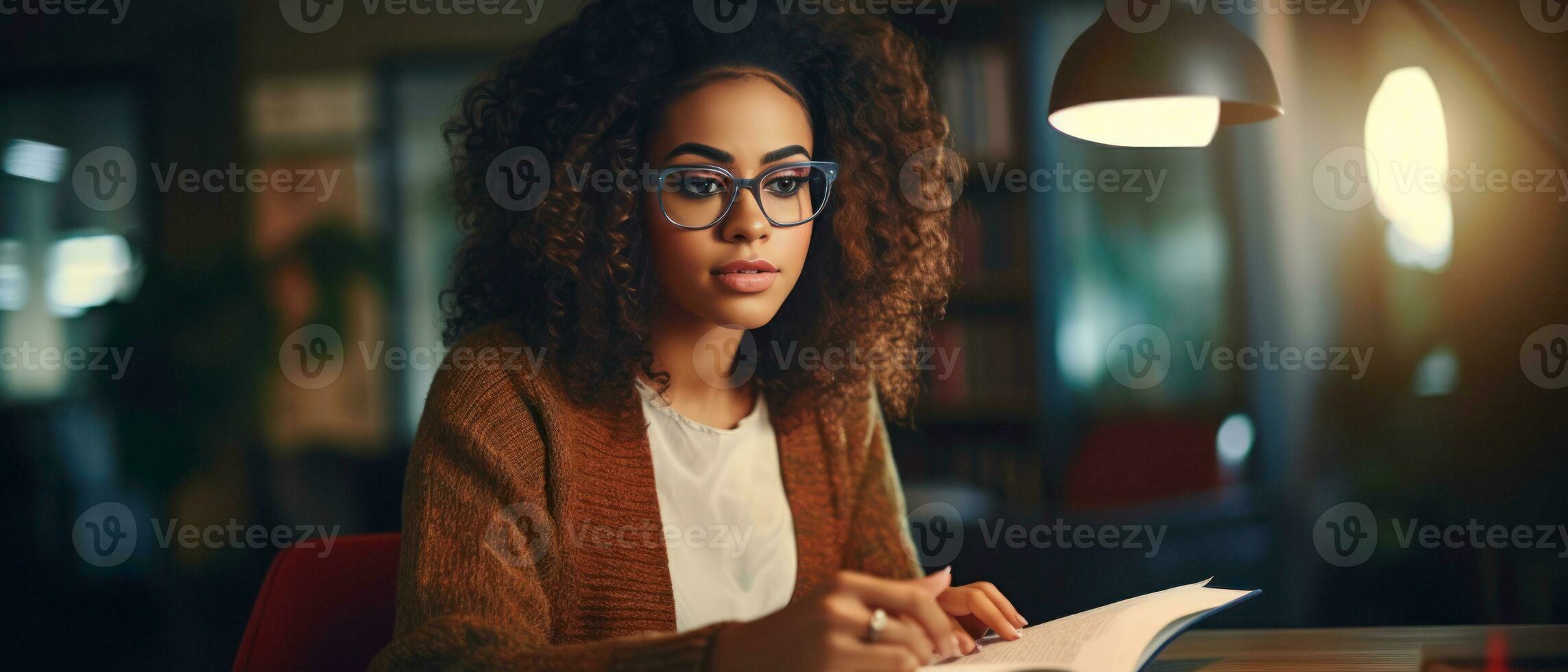 AI generated Cozy library setting, a woman engrossed in reading. AI generative. photo