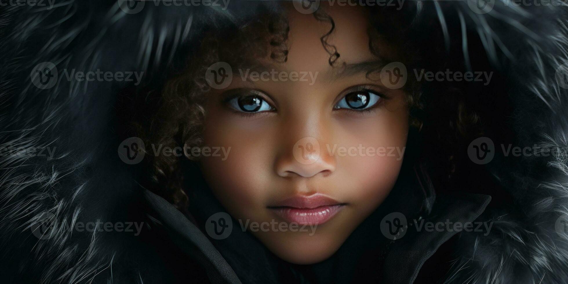 AI generated Close-up of a young black girl in a luxurious fur hooded coat. AI generative. photo