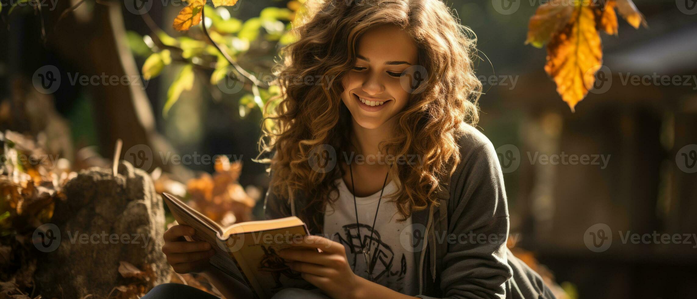 AI generated Portrait of a young, happy student reading a book while leaning against a tree in a sunny park. photo