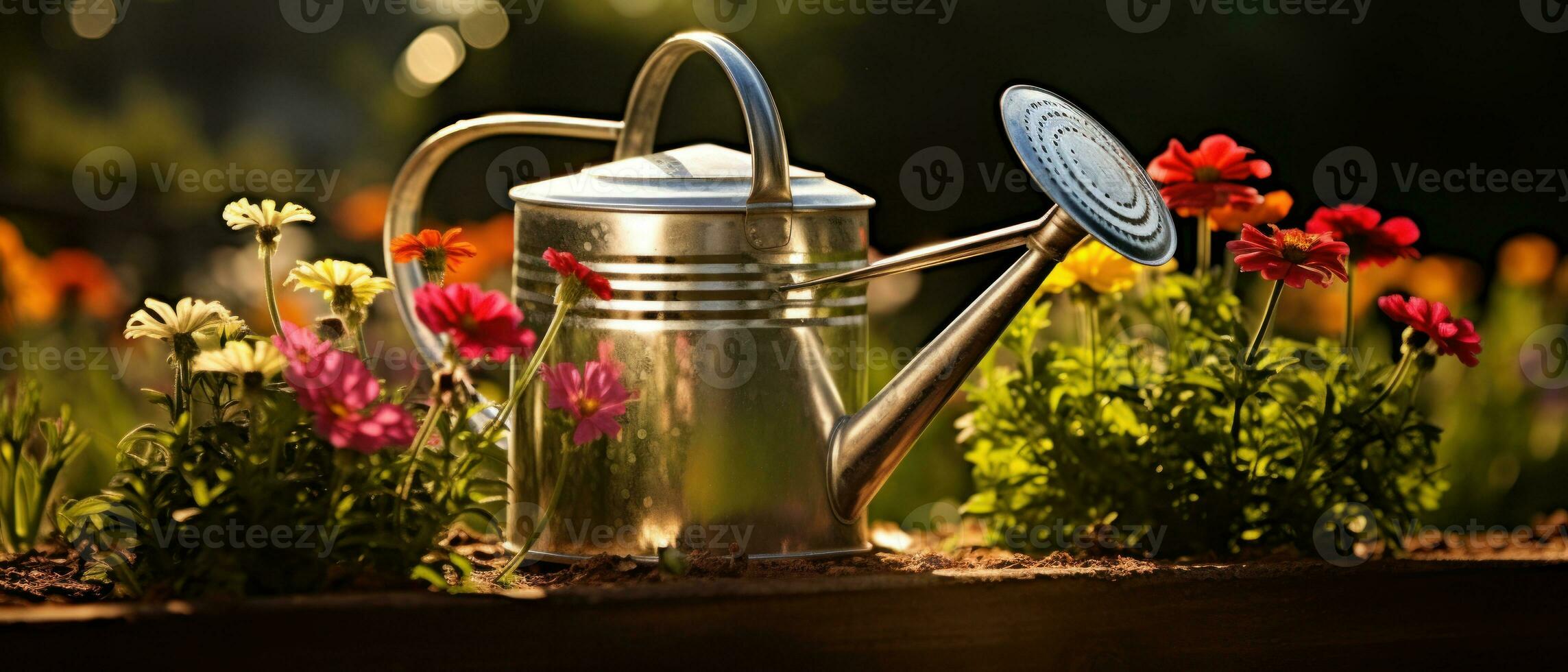 AI generated Charming watering can in a vibrant garden. AI generative. photo