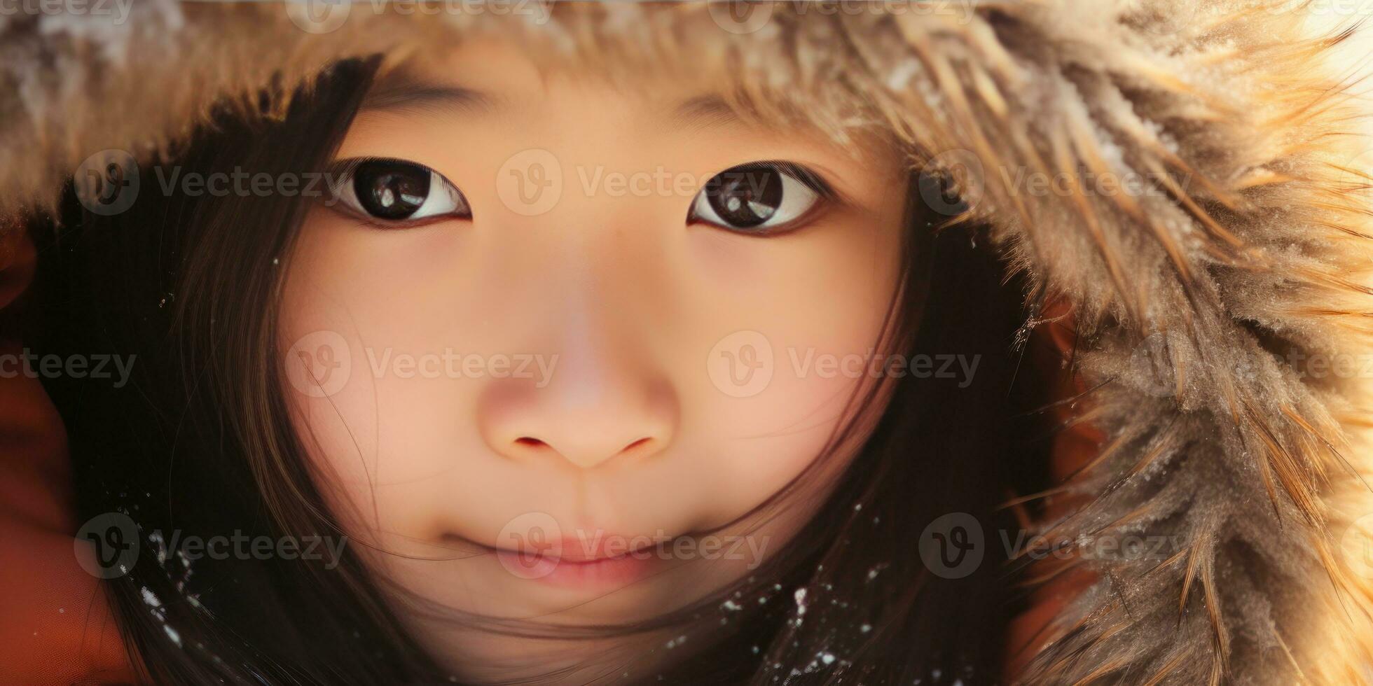 AI generated Young girl in fur coat with intense gaze. AI generative. photo