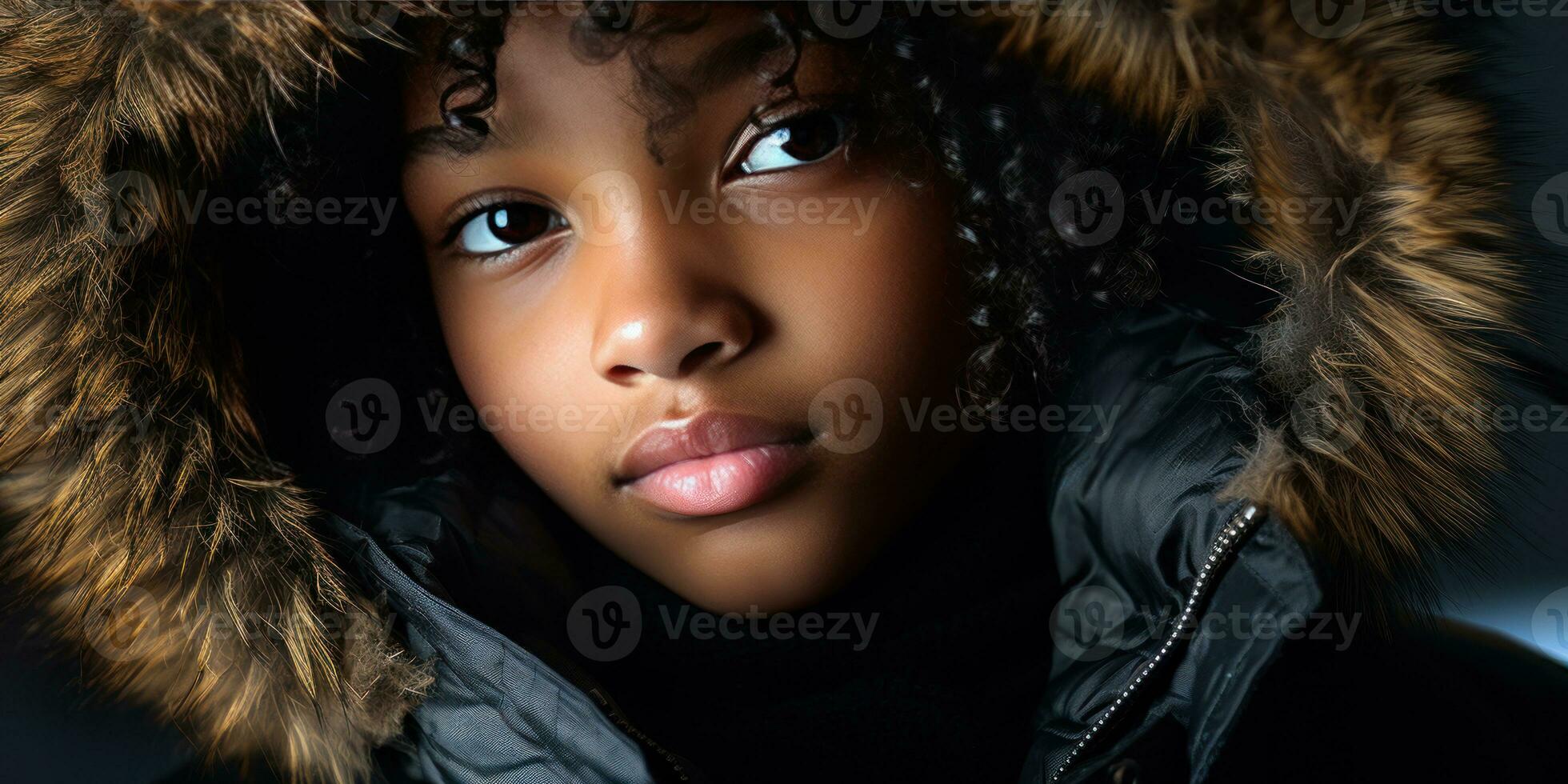 AI generated Warm, inviting image of a boy in a hooded coat. AI generative. photo