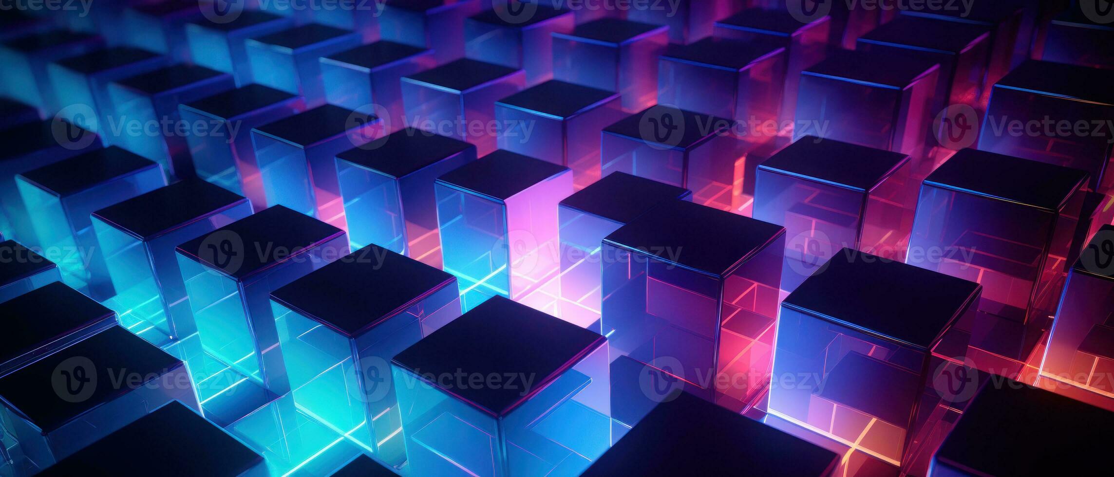 AI generated Bright neon elements and 3D cubes create a modern, tech-savvy atmosphere. photo