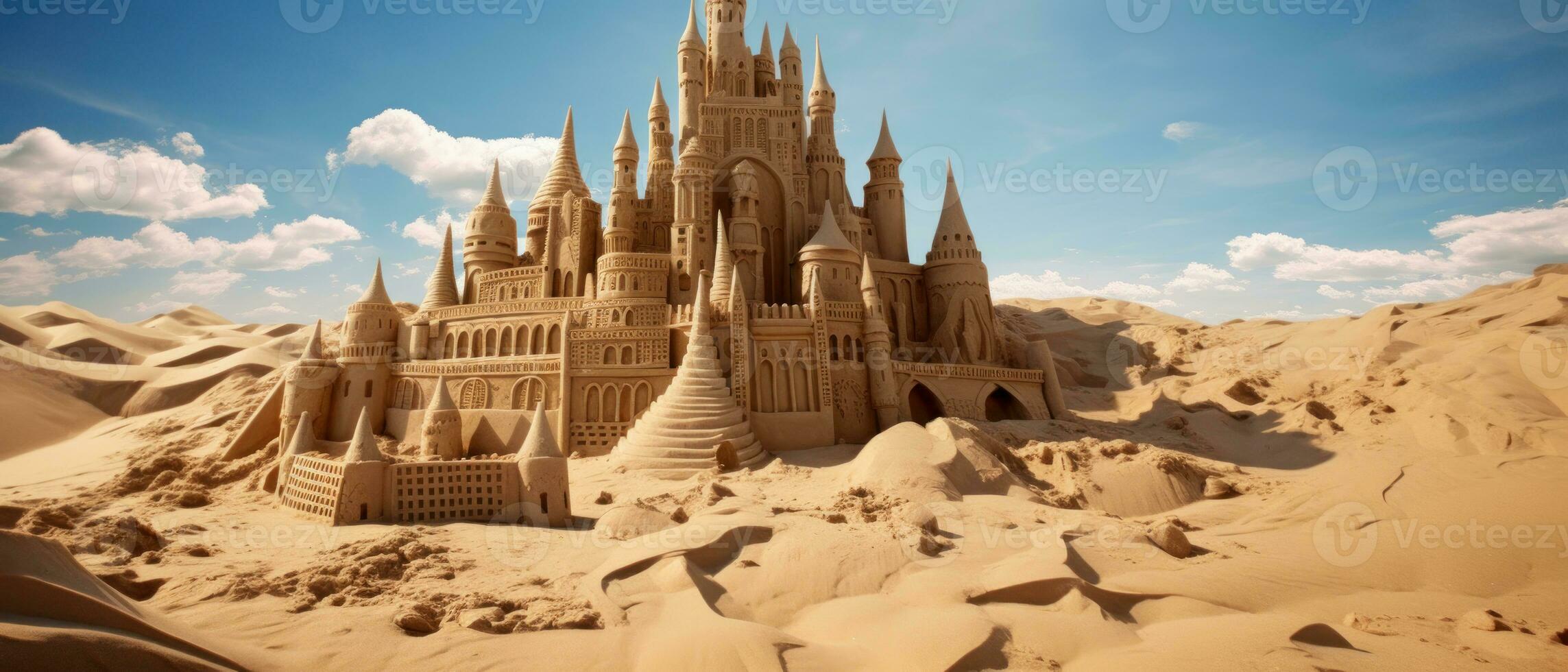 AI generated Magnificent sand castle on golden sand, with intricate towers. AI generative. photo