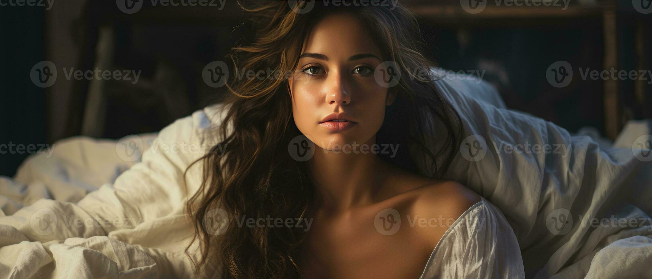 AI generated Morning Serenity with a Young Woman in Bed photo