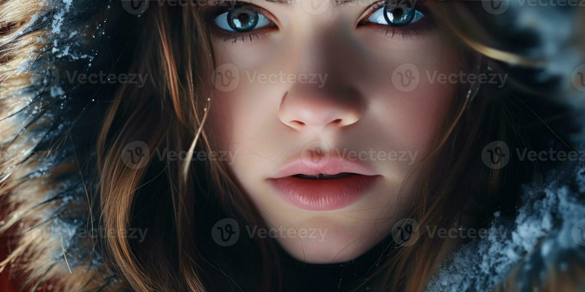 AI generated Close-up of woman in hooded coat, intense gaze, and detailed facial features. AI generative. photo