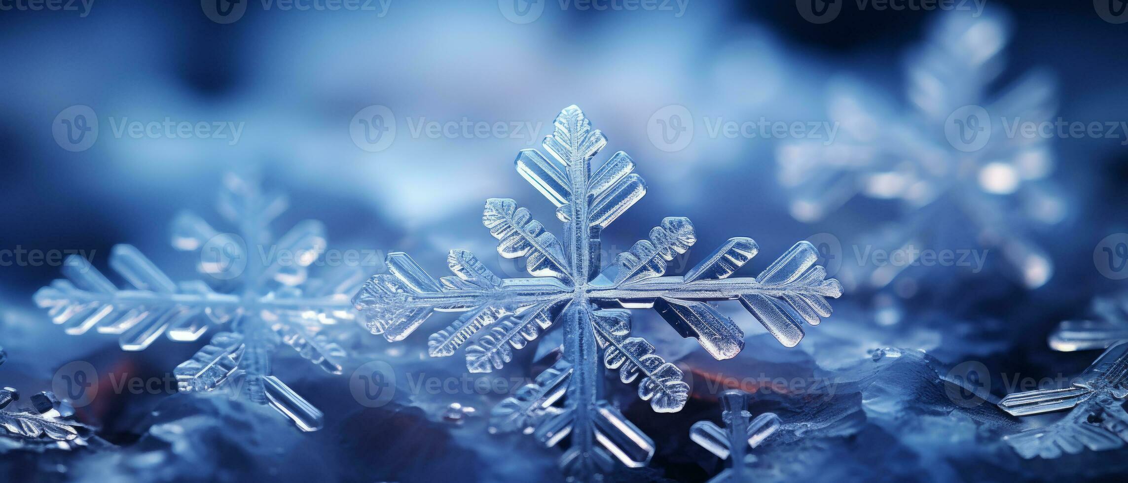 AI generated Stunning close-up of real, frosty snowflakes, their star-like shapes shining brightly. photo