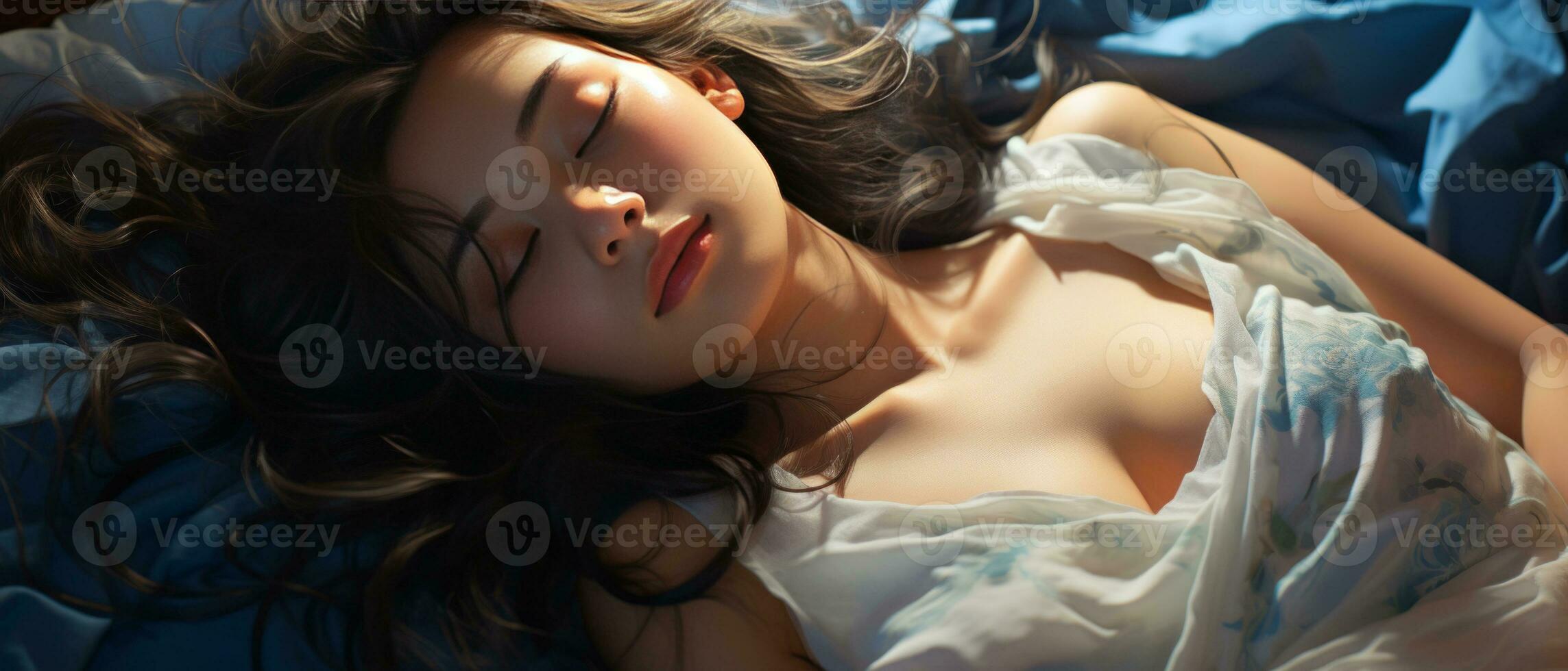AI generated Elegant young woman lying on a bed, showcasing her beauty and style. With her long, curly hair and natural makeup, she exudes sensuality and glamour. photo